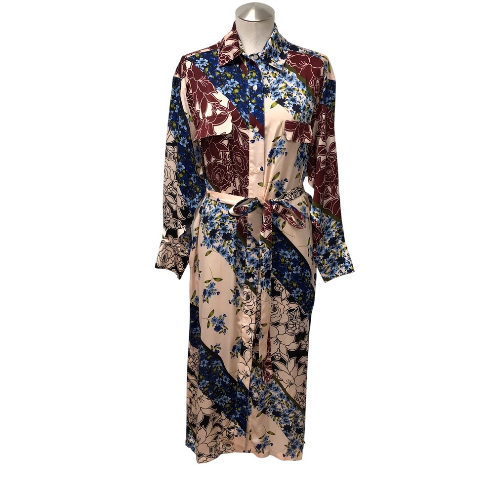 Smythe Shirtdress Women S Multicolor Floral Patchwork Midi Long Sleeve Belted